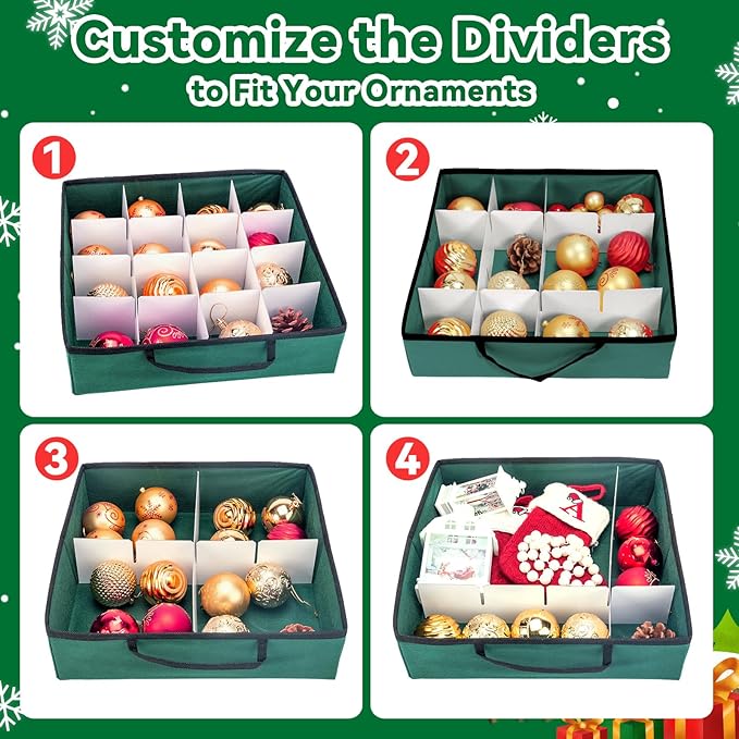 Christmas Ornament Storage Box, Ornament Storage Container with 8 Trays, Xmas Decoration Organizer Holds Up to 128 Decoration Balls, Durable 600D Oxford Material（Green）