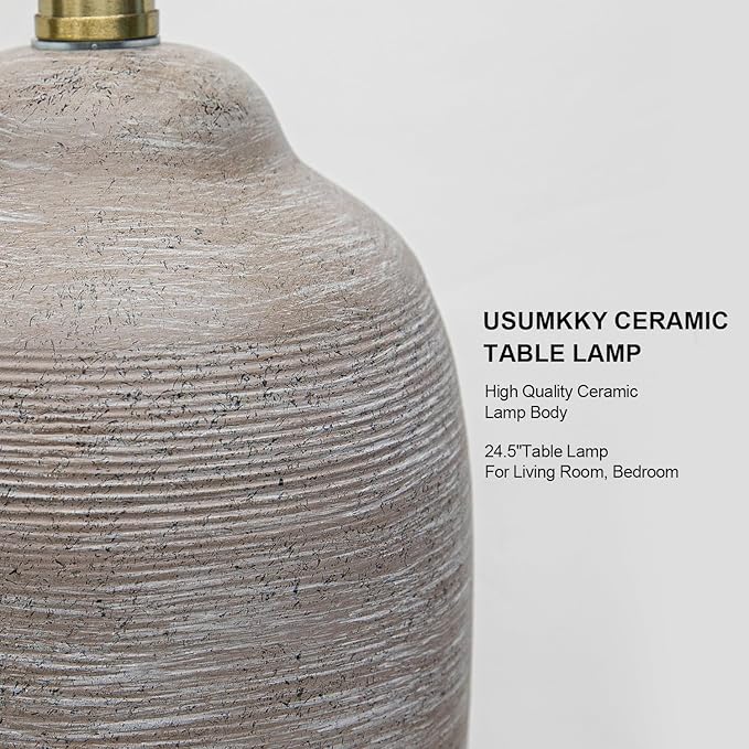 USumkky 24.5" Handcrafted Ceramic Table Lamp with 5FT Cord, Single Farmhouse Vintage Rustic Bedside Lighting for Living Room Bedroom Entryway Linen Shade Nightstand End Table Decor (Bulb Not Included)