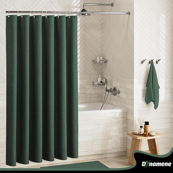 Dynamene Long Fabric Shower Curtain - 78 inch Long Waffle Weave Weighted Cloth Shower Curtains for Bathroom, Neutral Heavy Duty Hotel Spa Luxury Bath Curtain Set with 12 Hooks, 72x78, Dark Green