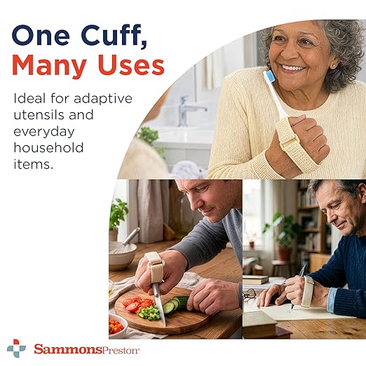 Sammons Preston Heavy-Duty Universal Cuff, Adaptive Utensil Holder for Limited Grip, Fits Forks, Spoons, Toothbrush, Pens, Pencils, Latex-Free Eating Aid, Small/Medium 3"-4" Knuckle Width