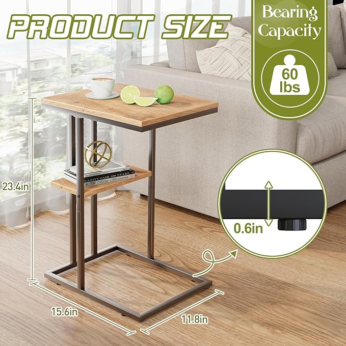 C Shaped End Table, Small Side Table for Couch and Bed, Wood Snack Table with Metal Frame for TV Tray, Sofa, Living Room, Bedroom, Bedside (Oak)