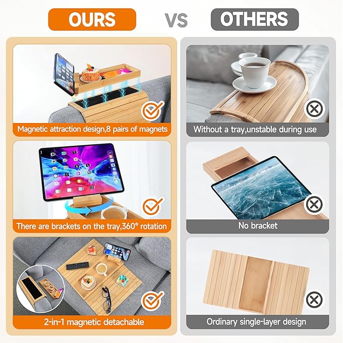 Bamboo Sofa Arm Tray – 2-in-1 Magnetic Detachable Couch Cup Holder & Armrest Table with Anti-Slip Pad, Convenient Tray for Drinks, Snacks & More,Natural