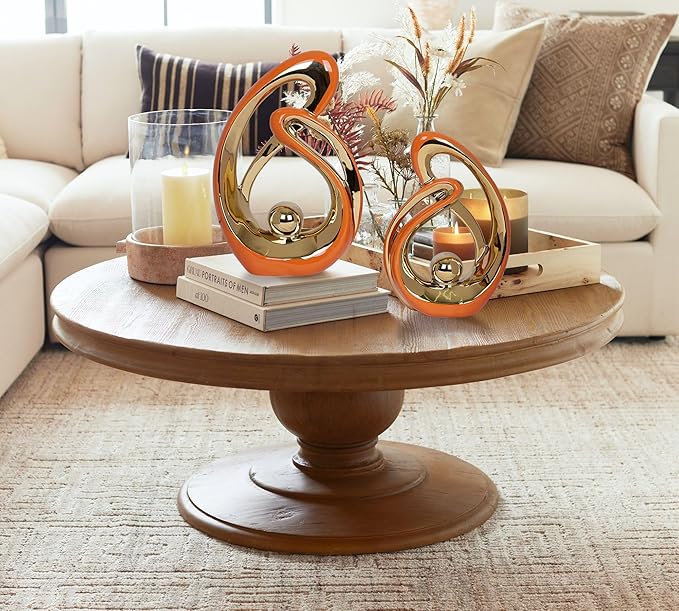 2 PCS Orange Decor Accent Ceramic Statue Orange Gold Mid Century Modern Home Decor Accents Sculpture Decorations Centerpieces for Living Room Bookshelf Shelf Coffee Table Kitchen Office Dining Table