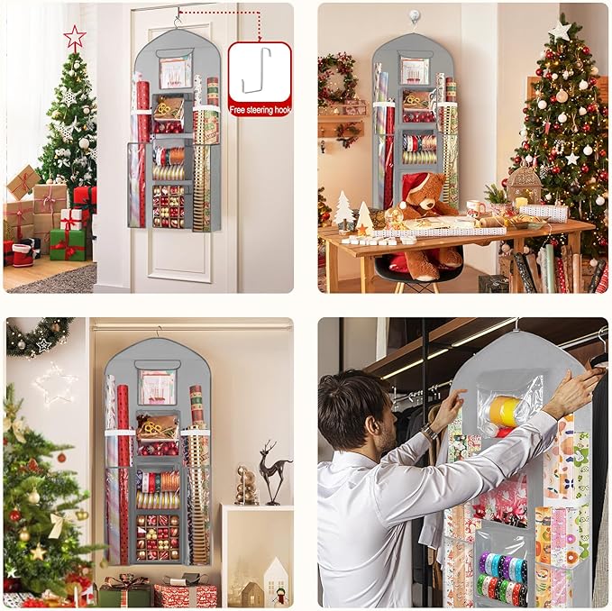 Woodoulogy Hanging Gift Wrapping Paper Storage, 48x24 (Extra Large) Grey Double-Sided Christmas Wrapper Bag Container, Oxford Long Craft Roll Organizer, Present Wrap Holder for Closet, Door