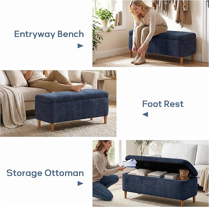 39.4”Ottoman with Storage,Upholstered Comfy Storage Bench Ottoman with Wooden Legs,End of Bed Bench Footstool for Hallway Entryway Bedroom Living Room Blue