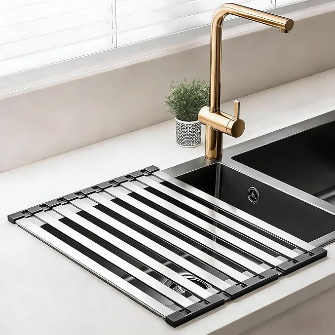 Over The Sink Kitchen Dish Drying Rack Organizer - Stainless Steel Collapsible Non-Slip Space-Saving [16.54 * 12.8IN] - Rust-Resistant Heat-Resistant Sturdy - Easy to Clean