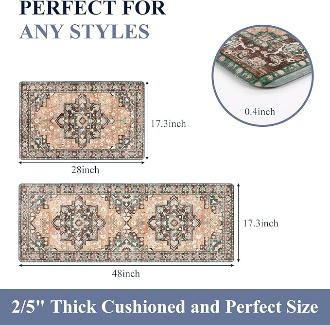 HEBE Anti Fatigue Kitchen Rugs Sets of 2, Non Slip Kitchen Mats for Floor, Waterproof Cushioned Comfort Standing Carpet for Kitchen Sink, Home Office, Laundry Room