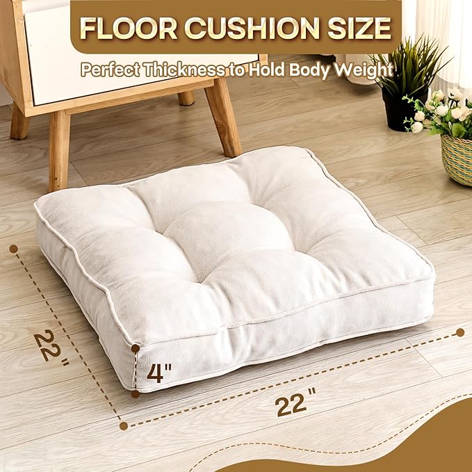 1 MIDDLE ONE Floor Pillow Set of 2, Memory Foam Floor Cushions for Adults, Large Meditation Pillow for Sitting, 22 x 22 Inches (Square | Beige)