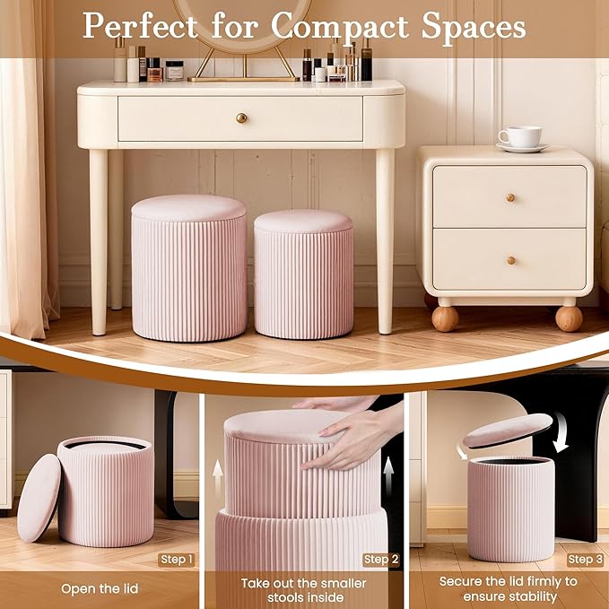 Set of 2 Round Storage Ottomans, Velvet Footstool Pouf with Lid - Multi-Use Vanity Stool for Bedroom or Coffee Table/Footrest for Living Room（Pink）
