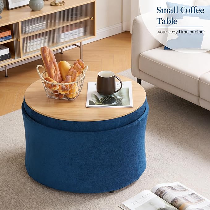 ONBRILL 25" Round Ottoman Coffee Table, Storage Ottoman with Lift-Off Lid, Multifunctional Foot Rest & Hidden Storage, Sturdy Steel Frame for Bedroom, Living Room, Corners, Apartment