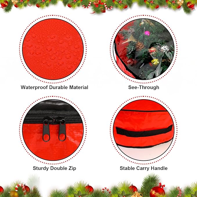 Pwsap 2 Pack Christmas Wreath Storage Container - 36 Inch, Garland Storage, Christmas Large Wreath Storage Container Cover, Durable Tarp Material, Dual Zipper Storage Bag for Xmas Holiday, Red