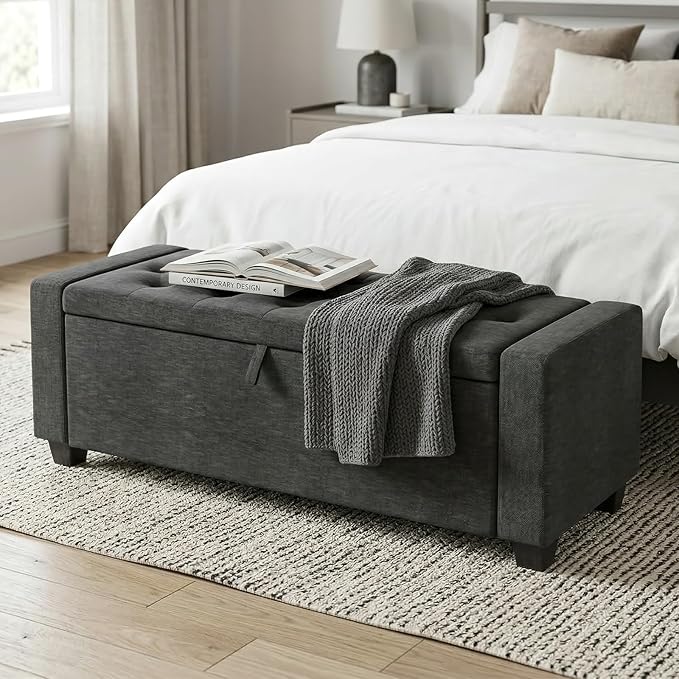 Storage Ottoman Bench, 50" End of Bed Bench with Legs,Storage Chest with Safety Hinge, Modern Entryway Benchs for Living Room, Bedroom, Entryway, Darkgray