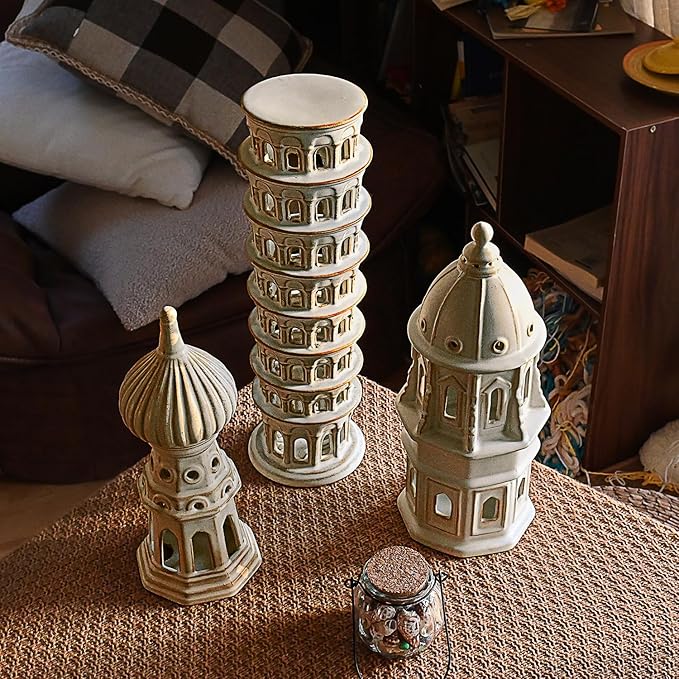 Ceramic Home Decoration 15.1 Inch Tall Leaning Tower for Living Room Bedroom Office Modern Farmhouse Antique Rustic Nordic Ornament Desktop Fireplace Centerpiece Decor