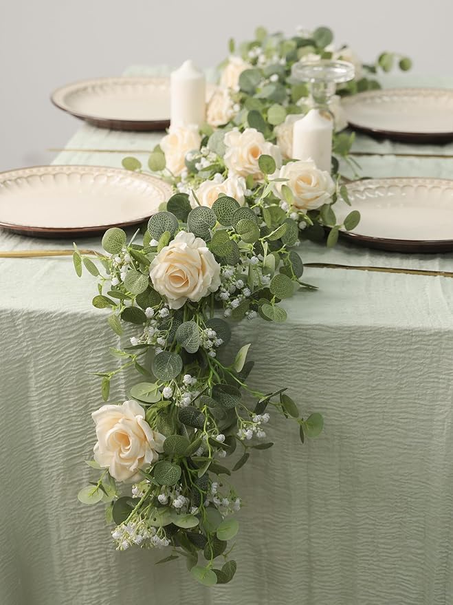 Anna's Whimsy 2PCS 5.91FT Artificial Eucalyptus Greenery with Flowers, Fake Rose Gypsophila for Wedding Spring Home Party Decor（Champagne）