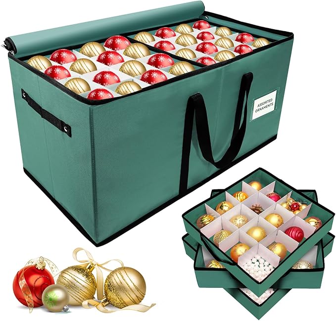 Christmas Ornament Storage Box, Ornament Storage Container with 8 Trays, Xmas Decoration Organizer Holds Up to 128 Decoration Balls, Durable 600D Oxford Material（Green）