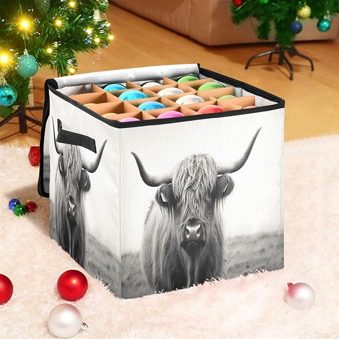 Kigai Highland Cow Christmas Ornament Storage Box with Zipper & Adjustable Dividers Holiday Ornament Organizer Xmas Storage Container, 64 Balls