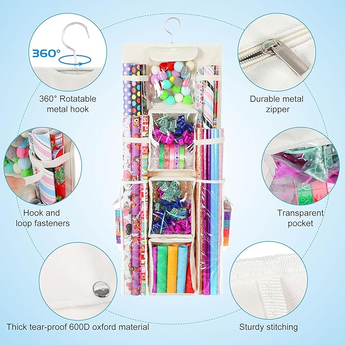 Freegrace Double-Sided Hanging Gift Wrap Organizer - Large 16 x 41 Inch Wrapping Paper Storage Bag - Tearproof 600D Oxford Closet Gift Bag & Ribbon Organization Storage Caddy, Beige