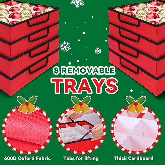 Christmas Ornament Storage Box, Ornament Storage Container with 8 Trays, Xmas Decoration Organizer Holds Up to 128 Decoration Balls, Durable 600D Oxford Material（Red）