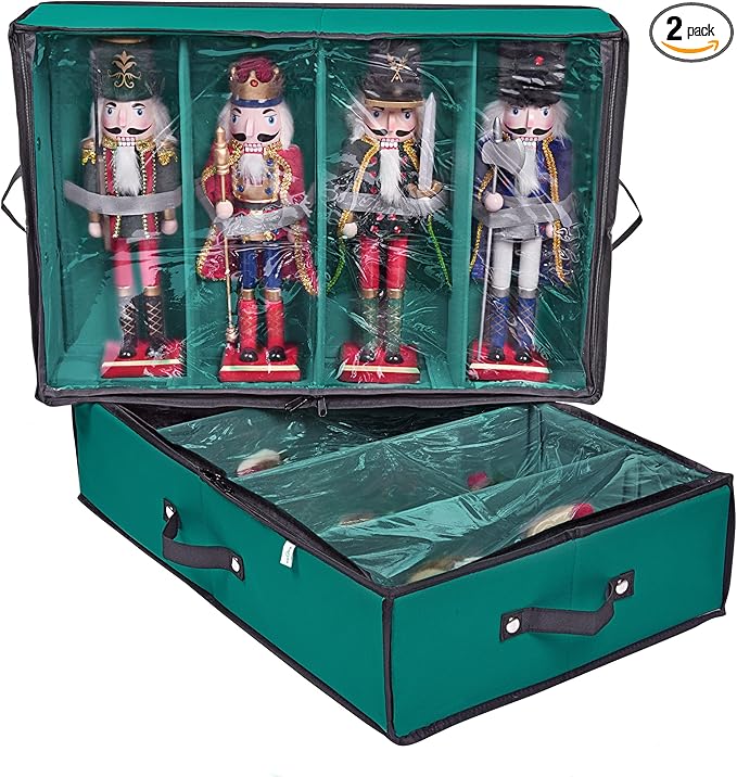 ProPik 2 Pack Christmas Figures Storage Box | Each Holds 4 Holiday Figurines up to 16” | Adjustable Nutcracker Decor Ornament Storage Container | Xmas Decorations Accessories Boxes (Green)