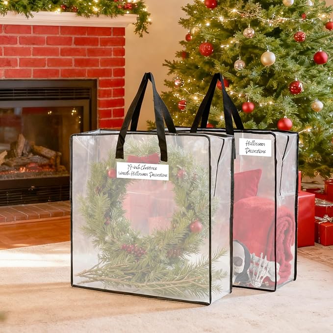 RAINFLOW Christmas Wreath Storage Bag - 3 PCS Moving Bags Heavy Duty for Christmas Decorations Garland Ornament Clothes Gift Pillow Toy Clear Storage Bag with Zipper Moving Supplies(24 inch)