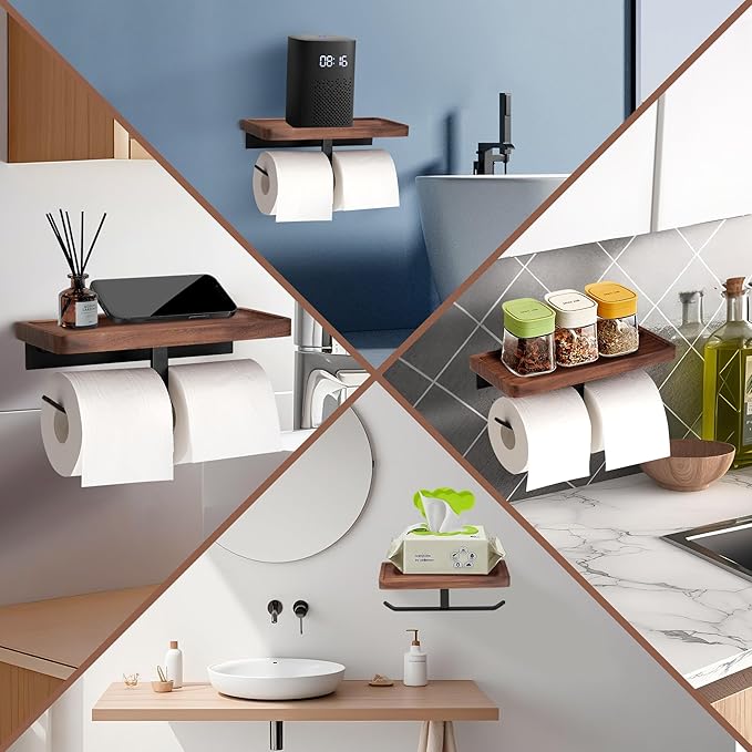 Double Toilet Paper Holder with Walnut Wood Shelf - Wall Mount & Self-Adhesive Bathroom Tissue Roll Holder, Black Stainless Steel with Walnut Shelf for Phone - Home Apartment Restroom