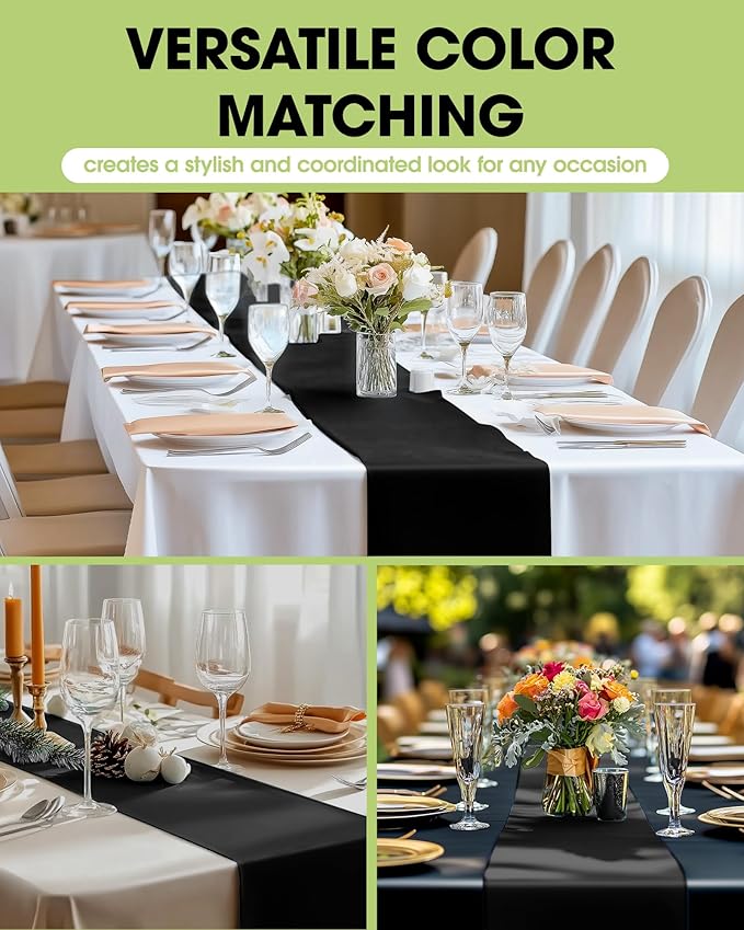 Pureegg Black Plastic Table Runners - 10 Pack, 14'' x 108'', Water Resistant & Disposable Centerpiece Decorations for Table Cloth, Wedding, Birthday, Holiday, Baby Shower, Party, Home Decor
