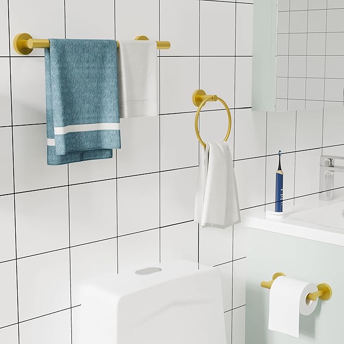 RARXTR 3pc Bathroom Hardware Set with Brushed Brass Toilet Paper Holder & Towel Ring & Towel Bar SUS304 Stainless Steel Toilet Paper Roll Holder Wall Mount & Bathroom Towel Holder & Towel Rack Set