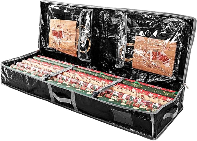 Wrapping Paper Organizer Storage Container,Christmas Storage Organizer,Xmas Gift Wrap Organizer With Pockets,Under Bed Storage Bag,Supplies Pockets for Xmas Accessories (Black)