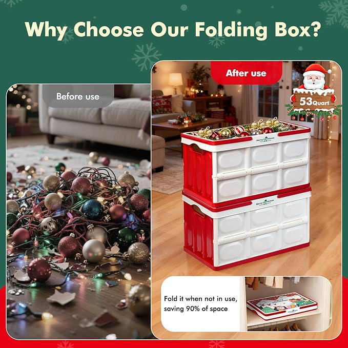 Storage Box 50L 2 Pack, Foldable Storage Box with Wood Lid & Handles, Includes Christmas Stickers for DIY, Multifunctional Wood Top for Holiday Decor, Gift & Christmas Home Organization