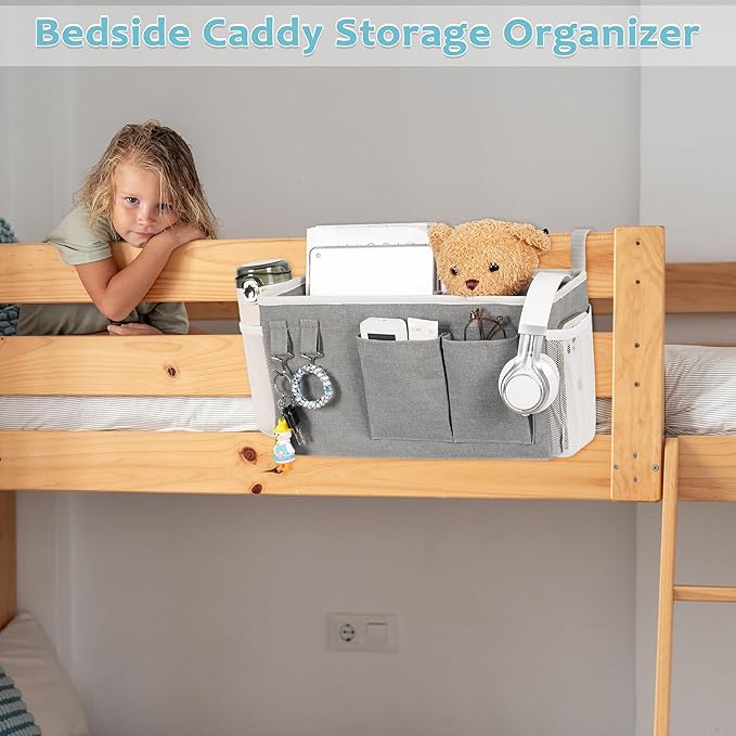 Loghot Bedside Caddy/Bedside Storage Bag Hanging Organizer for Bunk and Hospital Beds,Dorm Rooms Bed Rails,Can be Placed Glasses,Books,Mobile Phones,Keys (Grey)
