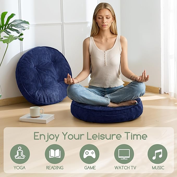 HIGOGOGO Floor Pillow Cushion for Adults, Meditation Cushion Pillow, Large Round Floor Sitting, Tufted Corduroy Cover, for Tatami Living Room or Yoga, 22x22 Inch, 2Pack, Navy