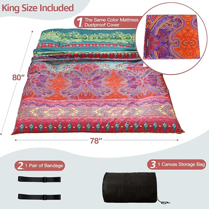 MAXYOYO Bohemian Retro Floor Mattress Boho Floral Style Japanese Futon Tatami Mat Foldable Mattress Portable Camping Sleeping Pad Lounger Couch King Size