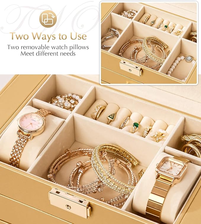 Homde Mothers Day Gifts Synthetic Leather Huge Jewelry Box Mirrored Watch Organizer Necklace Ring Earring Storage Lockable Gift Case (Gold)