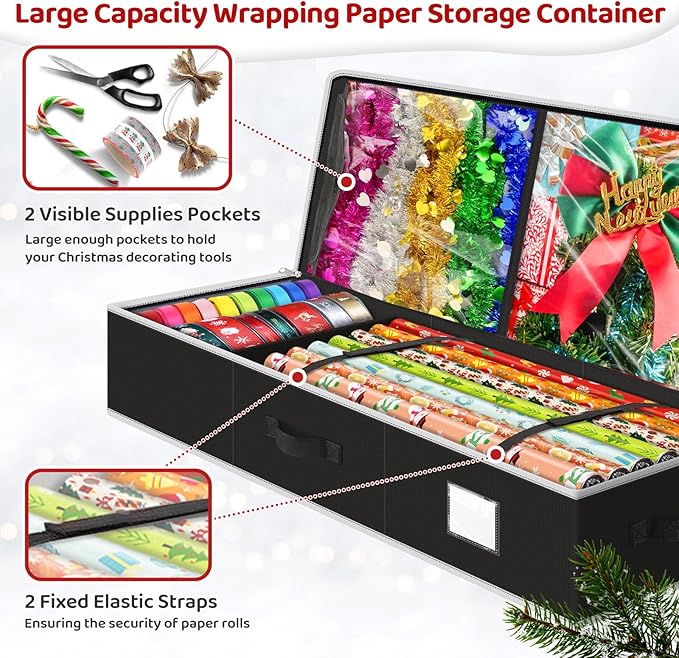 BlessedSeason Wrapping Paper Storage Organizer for 40 Inch Christmas Gifts Wrapping Paper, 2 Visible Supplies Pockets for Holiday Accessories, Christmas Decoration Storage Containers, Black