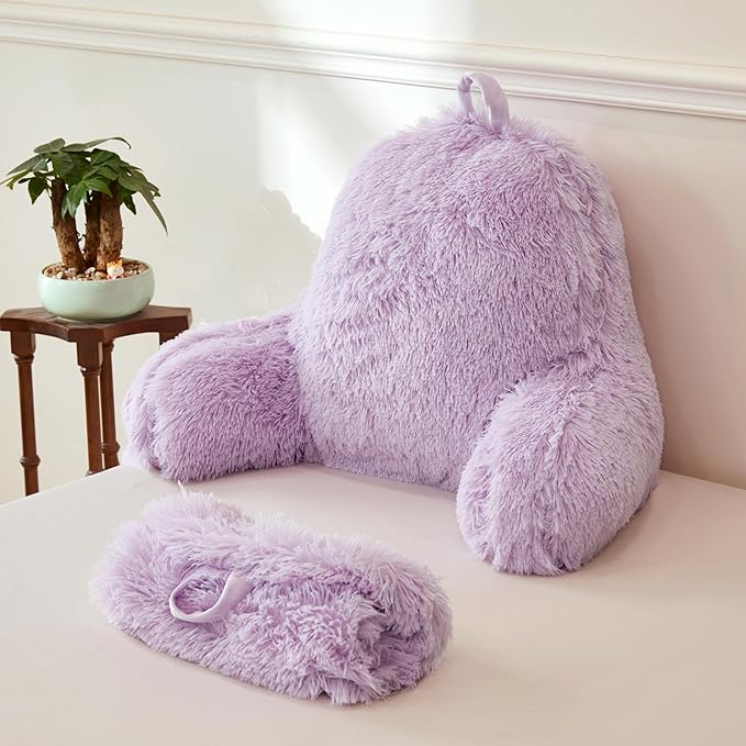 XeGe Fluffy Back Support Pillow Cover for Bed (No Filler), Light Purple Faux Fur Backrest Pillowcase, Lilac Furry Reading Pillow with Arms for Adults Kids, Fuzzy Sit Up Study Pillow, Lavender