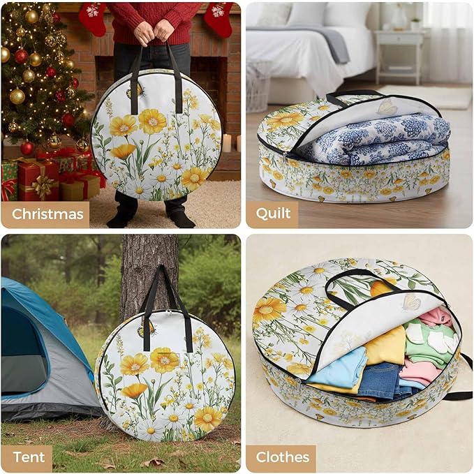 Spring Flower Round Storage Bag 36 Inch, White Yellow Floral Daisy Butterfly Flower Field Clothes Storage Container with Handles Heavy Duty Organizer for Comforter, Bedding & Holiday Wreaths