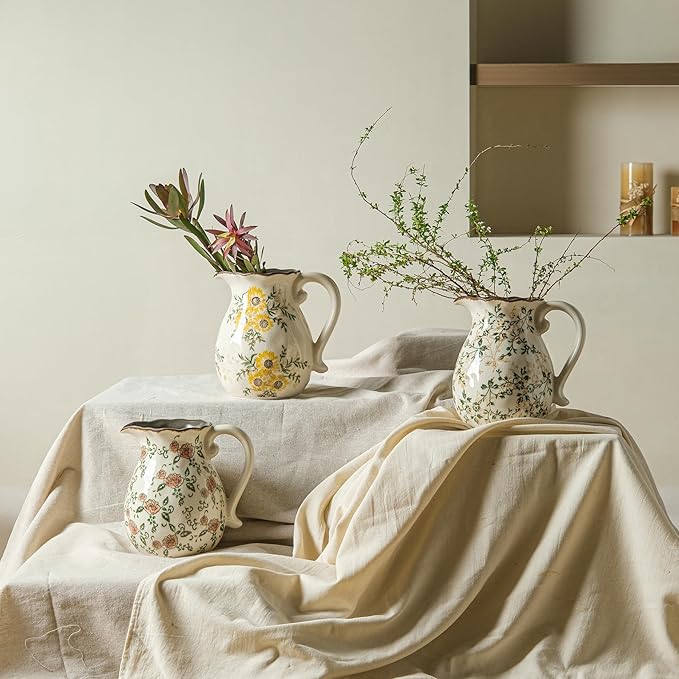 for Mom from Daughter or Son, Green Vintage Chinoiserie Ceramic Pitcher Vase with Handle 7.9”, Rustic Farmhouse Floral Decor for Living Room, Bookshelf, Office Decor