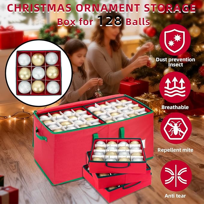 DIMESHY Large Christmas Ornament Storage Box With Adjustable Dividers,Ornament Storage Container with 8 Removable Trays for 128 Holiday Decorations,Red