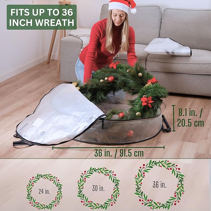 VENO 3 Pack Christmas Wreath, Wrapping Paper Storage Bags (2 Pack 36 Inch Wreath Bags, 1 Pack Gift Wrapping Paper Storage)