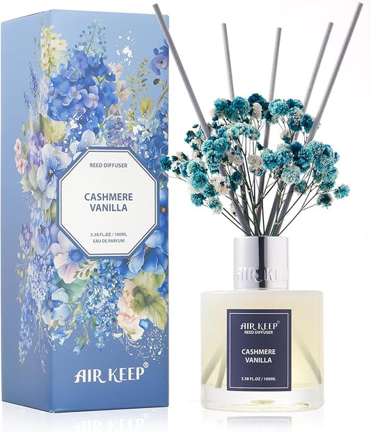 Airkeep Reed Diffuser Set,3.38 fl oz (100 ml) - Cashmere Vanilla Oil Diffusers with 8 Reed Sticks, Home Fragrance Reed Diffuser for Bathroom Shelf Decor