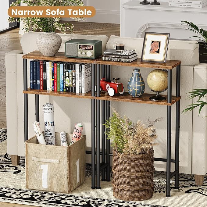 Asgolion Narrow Console Table, 15.7" Small Entryway Table, 2-Tier Sofa Table with Storage, Skinny Console Tables for Entryway, Hallway, Bedroom, Living Room, Foyer, Rustic Brown