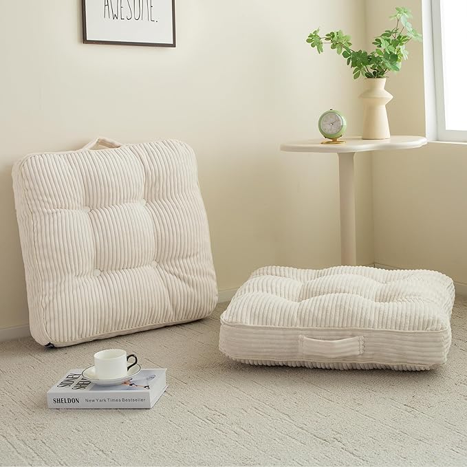 HIGOGOGO Floor Pillow Cushion for Adults, Meditation Cushion Pillow, Large Square Floor Sitting, Tufted Corduroy Cover, for Tatami Living Room or Yoga, 22x22 Inch, 2Pack, Beige