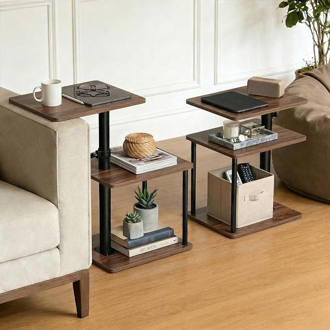 Faesun Swivel Side Table for Couch Arm, Adjustable C End Table for Recliner or Bed, Tv Trays with Storage Shelf for Small Spaces Small Nightstand Table for Living Room, Bedroom，2pc