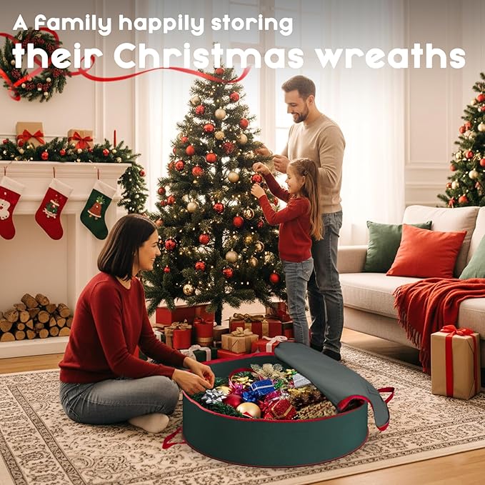 Criusia Wreath Storage Container, 2 Pack Christmas Wreath Storage Bag with Sturdy Handle, Two-way Zipper,Durable Wreath Storage Organizer Box for Holiday Decoration (Green, 36"x8")