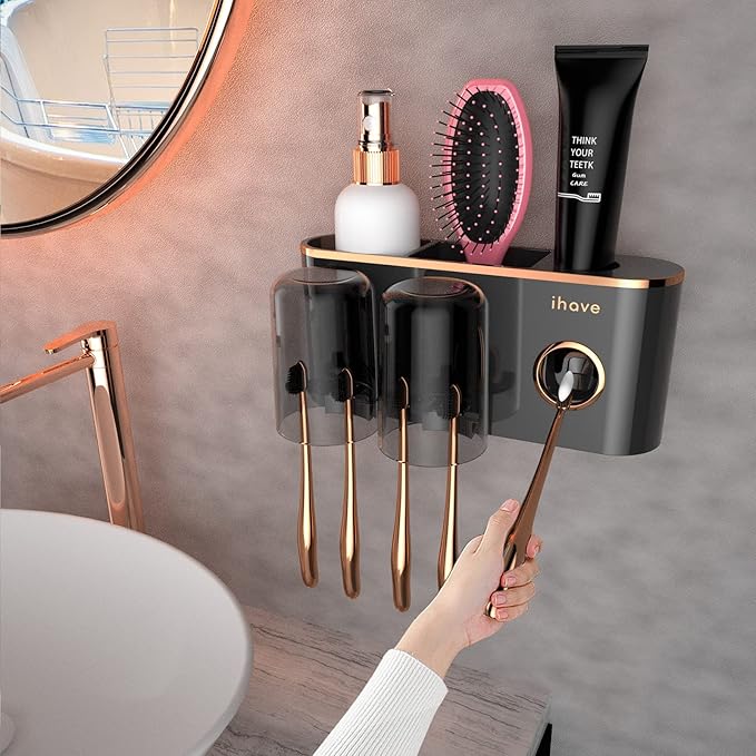 iHave Toothbrush Holders Bathroom Accessories with Toothpaste Dispenser, 2 Cups Toothbrush Holder Wall Mounted Bathroom Decor