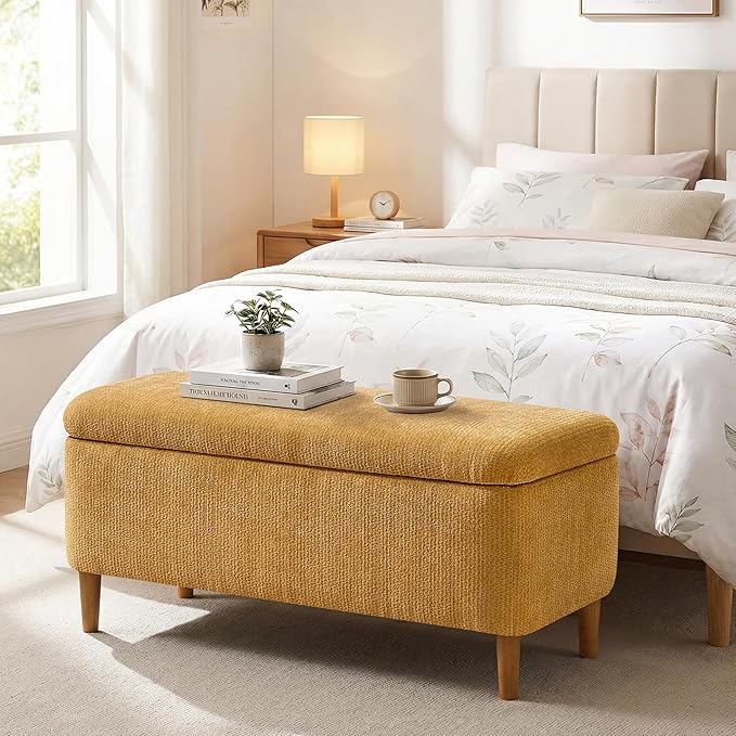 39.4”Ottoman with Storage,Upholstered Comfy Storage Bench Ottoman with Wooden Legs,End of Bed Bench Footstool for Hallway Entryway Bedroom Living Room Yellow