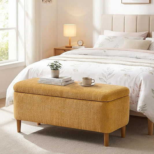 39.4”Ottoman with Storage,Upholstered Comfy Storage Bench Ottoman with Wooden Legs,End of Bed Bench Footstool for Hallway Entryway Bedroom Living Room Yellow