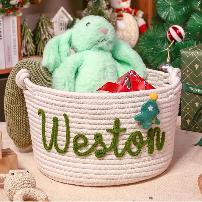Personalized Christmas Cotton Rope Basket - Custom Holiday Gift Basket with Name - Festive Storage Organizer for Holiday Decor & Seasonal Gifts (STYLE-A)