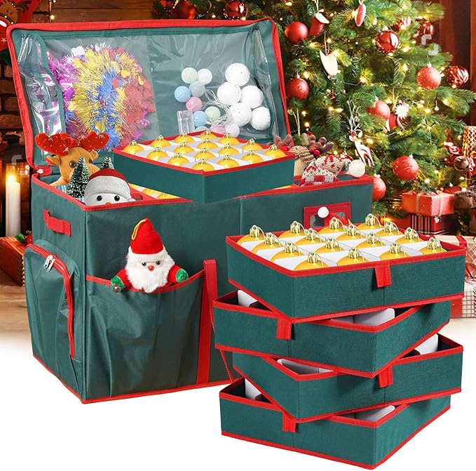 Christmas Ornament Storage Box,2-in-1 Christmas ornament organizer&Christmas Figurine Container,5 Trays,6 Adjustable Christmas Figurine Storage Grids,Green