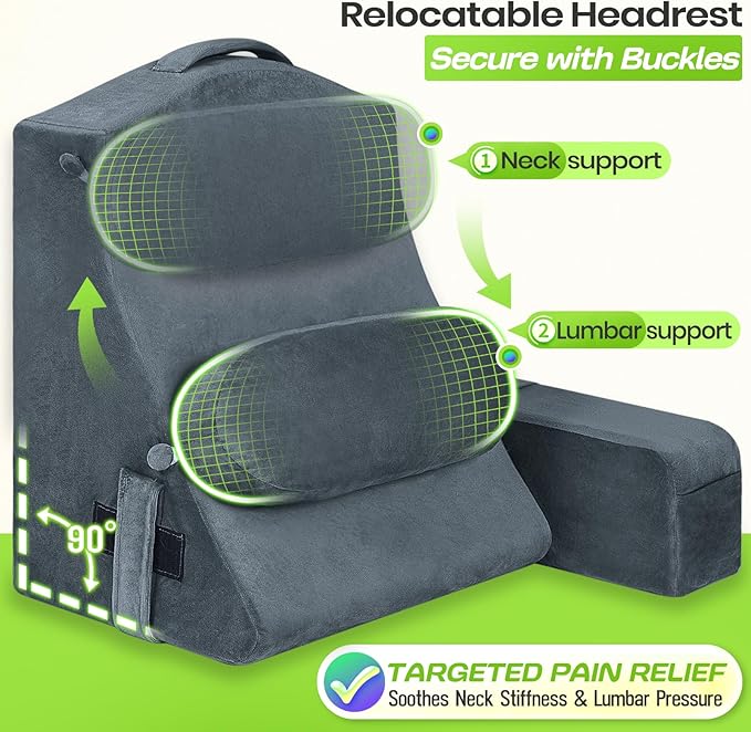 AS AWESLING 19 INCH Reading Pillow for Adults, Back Pillow for Bed Sitting Up, Backrest Pillow for Sitting in Bed, Detachable Arms with Built-in Cup & Phone Caddy (Dark Gray, 19 INCH)